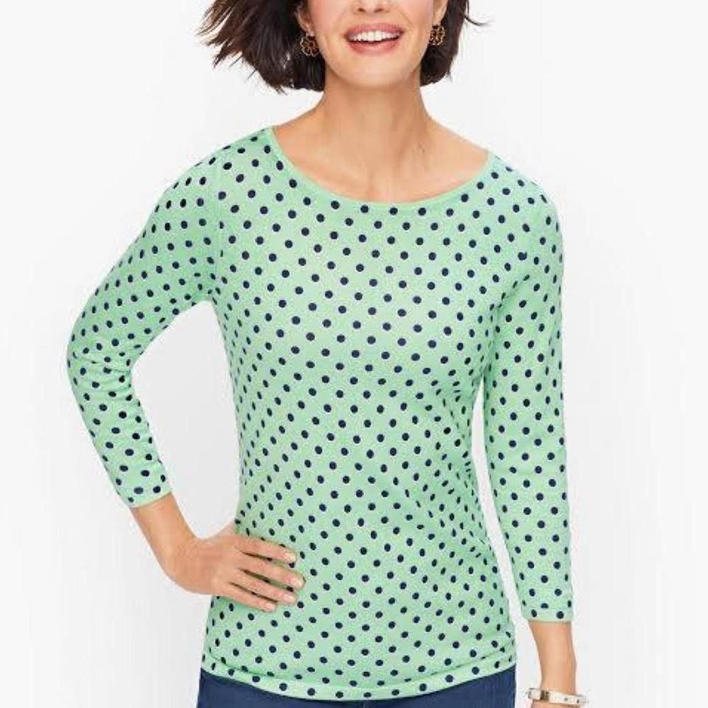Talbots green with black polka dot 3/4 sleeve cotton sweater in a M petite